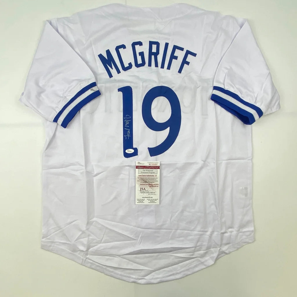 Autographed Fred McGriff Toronto White Baseball Jersey JSA COA | Hall of Fame Sports Memorabilia | vintageantiquesgifts.com