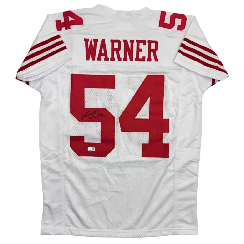 Back of autographed Fred Warner custom jersey, white with red 54, San Francisco pro sports league