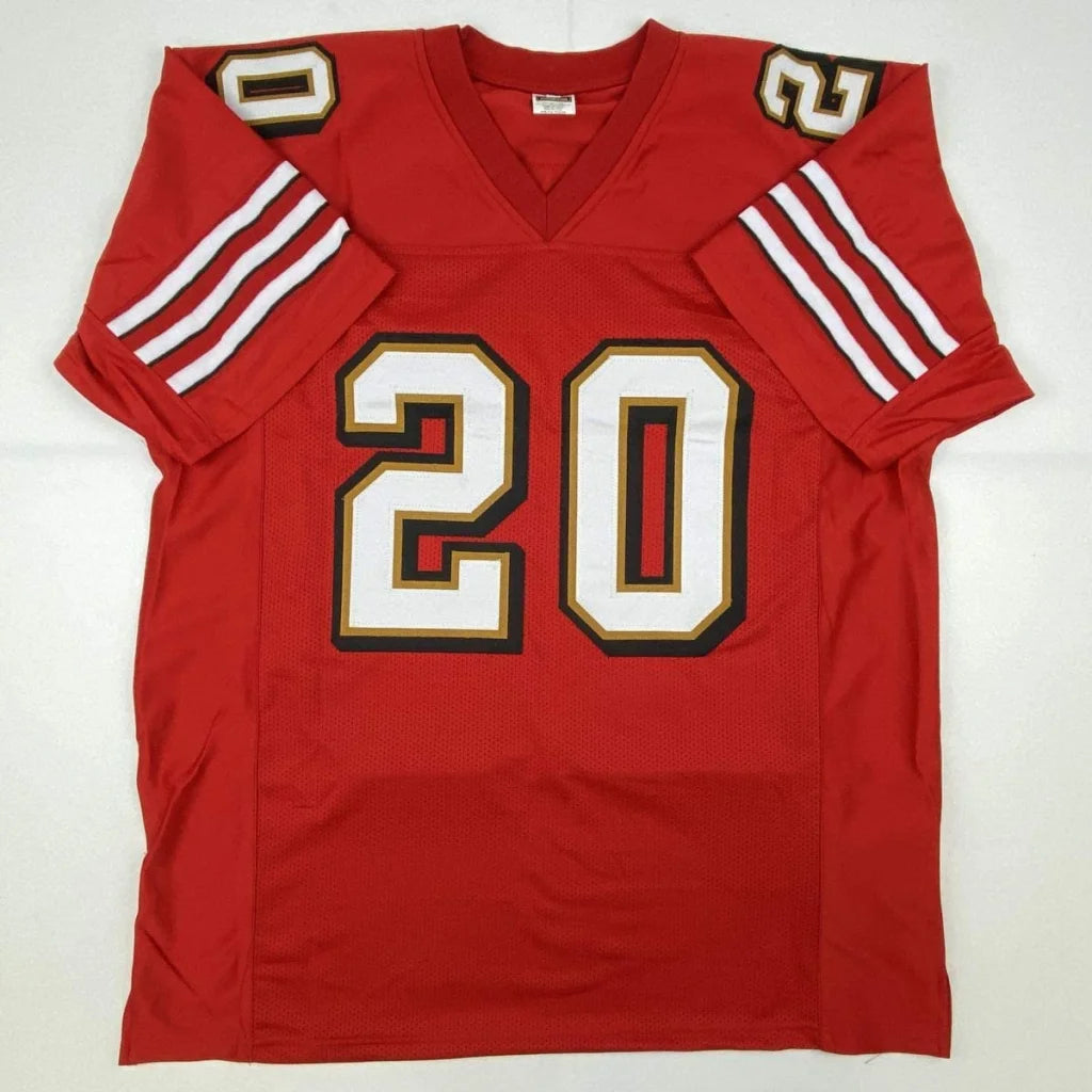 Red long-sleeved custom jersey with number 20 from a professional sports league collectible