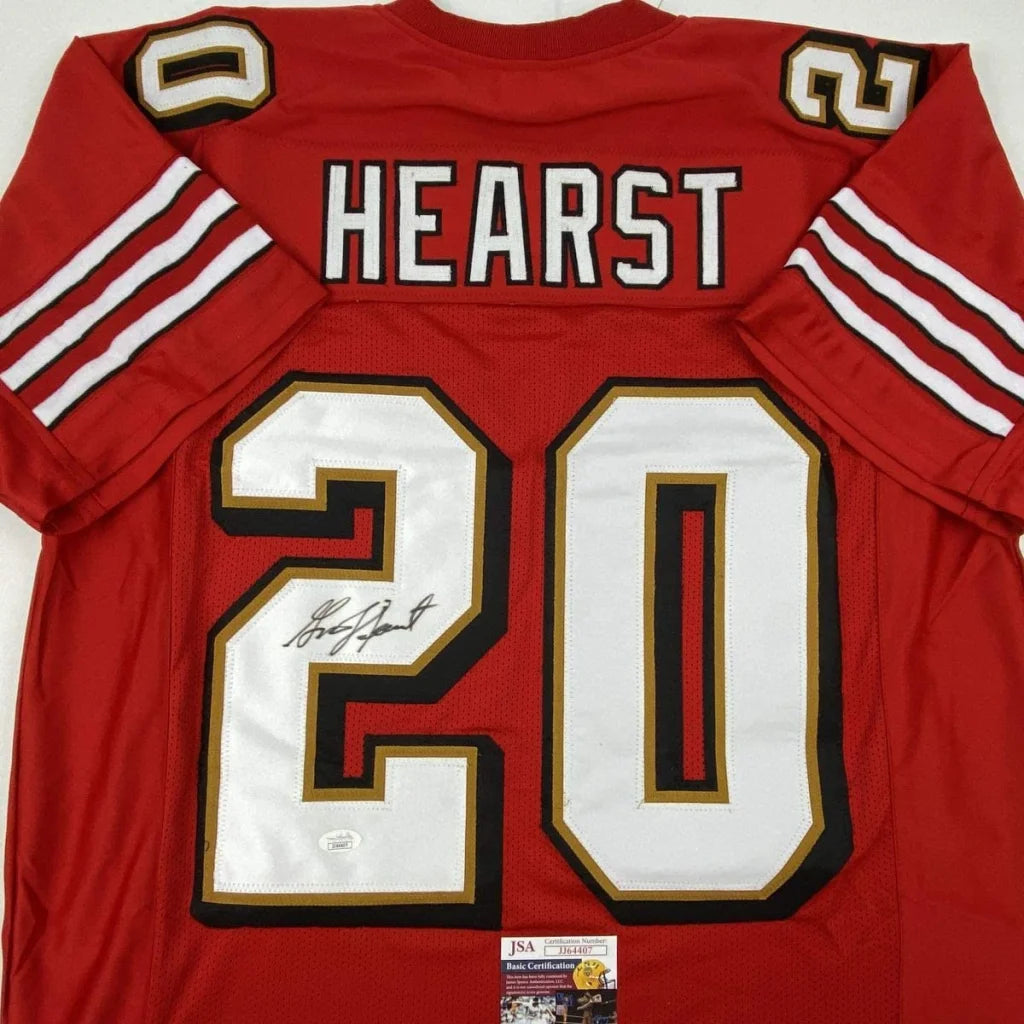Autographed red football jersey with white and gold number 20, perfect for sports league fans