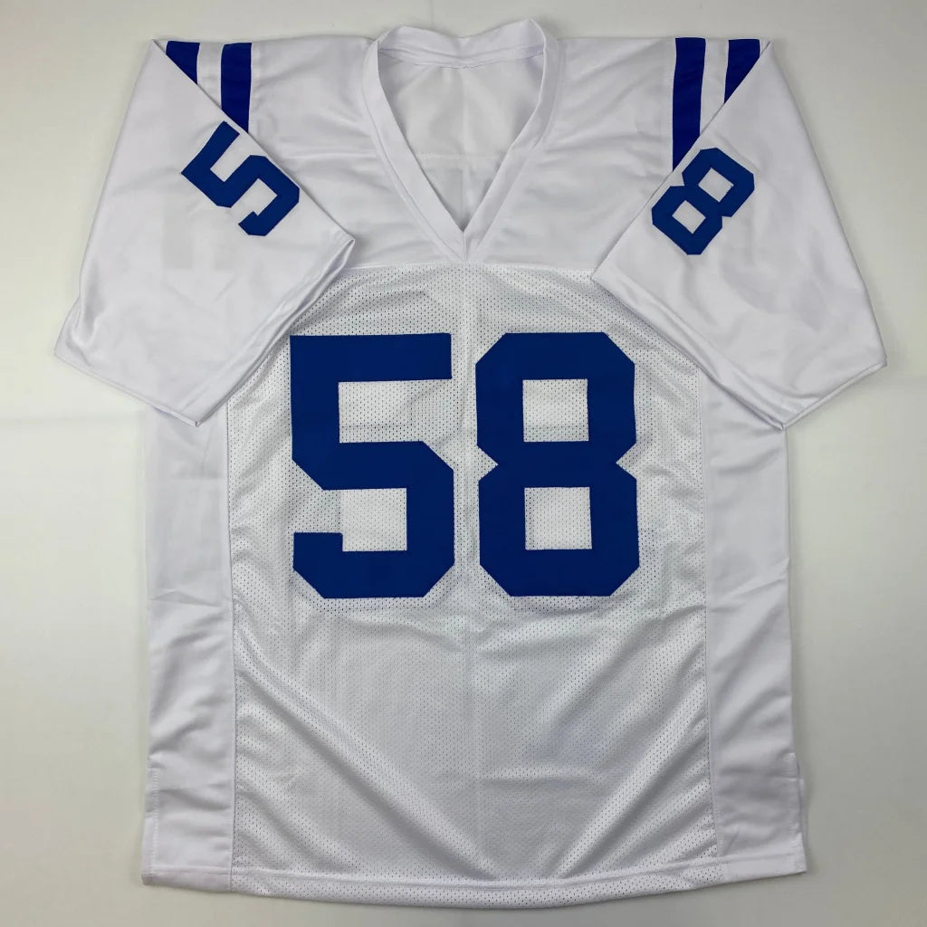 Autographed Gary Brackett Indianapolis white custom football jersey with blue number 58 mesh fabric v-neck collar for professional sports league fans