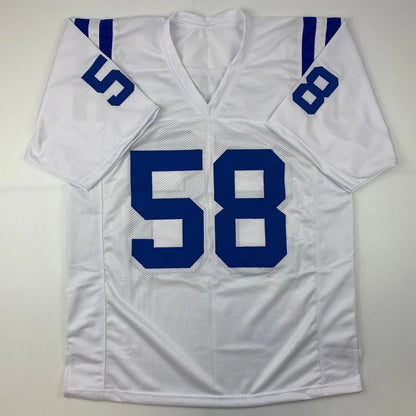 Autographed Gary Brackett Indianapolis white custom football jersey with blue number 58 mesh fabric v-neck collar for professional sports league fans