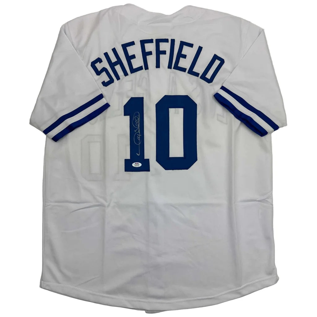 Back of autographed Gary Sheffield white custom jersey, Sheffield 10, PSA/DNA COA