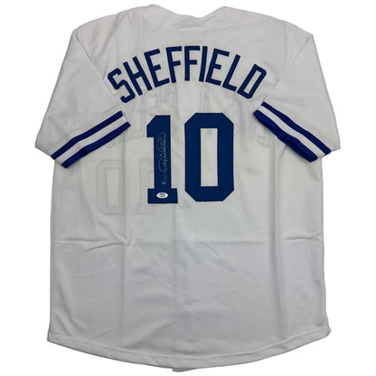 Back of autographed Gary Sheffield white custom jersey, Sheffield 10, PSA/DNA COA