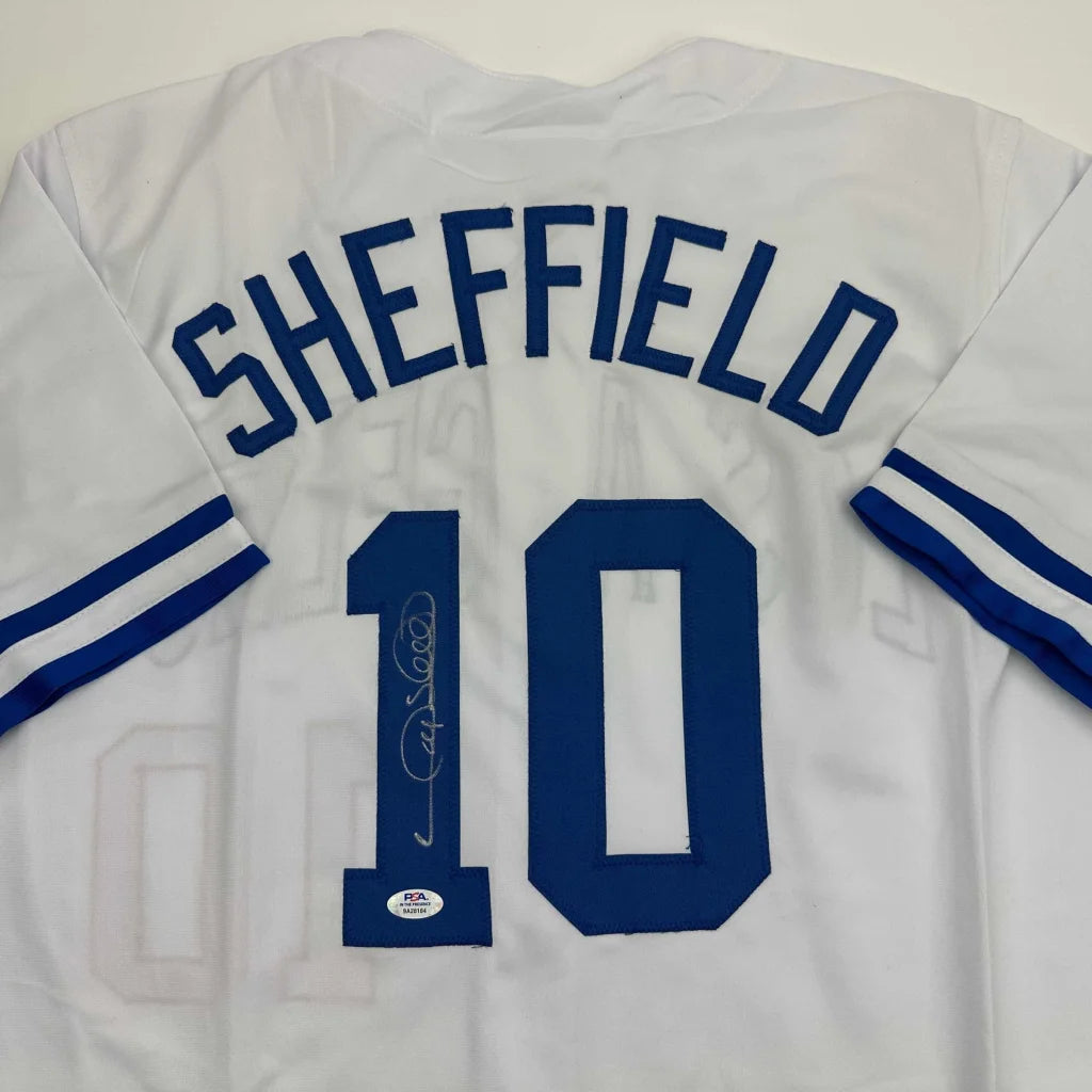 Autographed Gary Sheffield custom jersey back, white with blue Sheffield 10, PSA/DNA