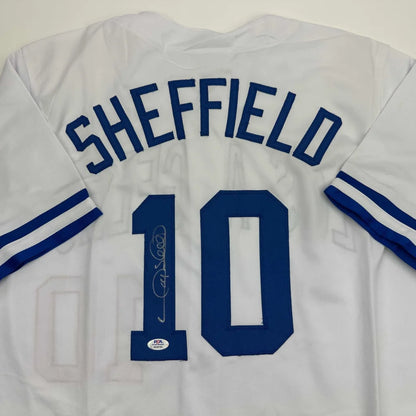 Autographed Gary Sheffield custom jersey back, white with blue Sheffield 10, PSA/DNA