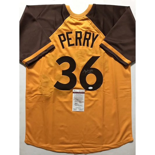 Autographed Gaylord Perry San Diego Yellow Retro Baseball Jersey JSA COA | Hall of Fame Sports Memorabilia | vintageantiquesgifts.com