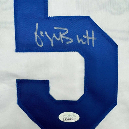 White Kansas City custom jersey with blue number 5 and silver autograph for baseball fans