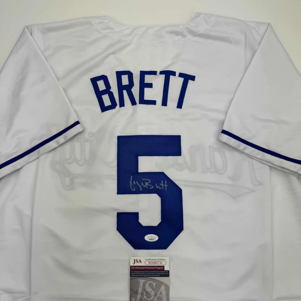 Autographed George Brett custom jersey, white with blue Brett 5, JSA COA