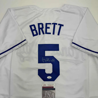 Autographed George Brett custom jersey, white with blue Brett 5, JSA COA