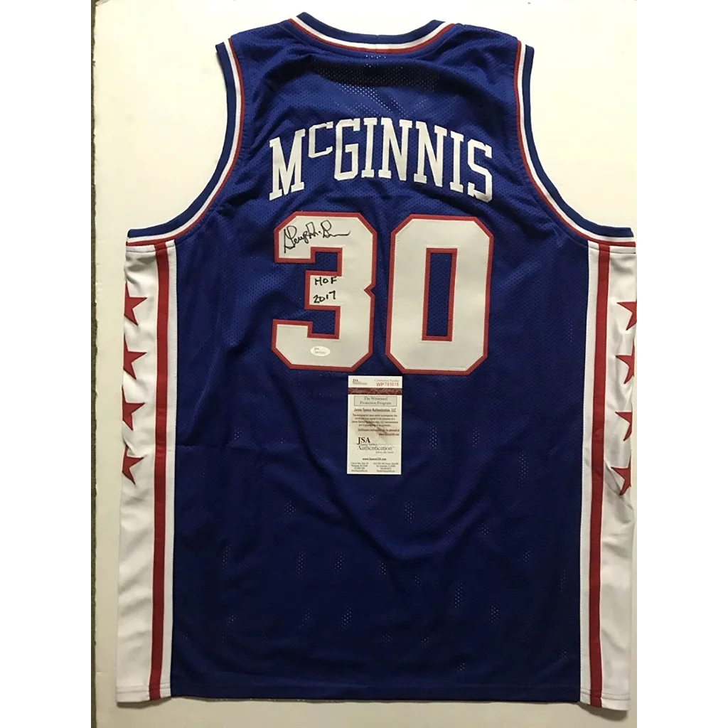Autographed blue custom jersey from professional sports league with McGinnis 30 on back