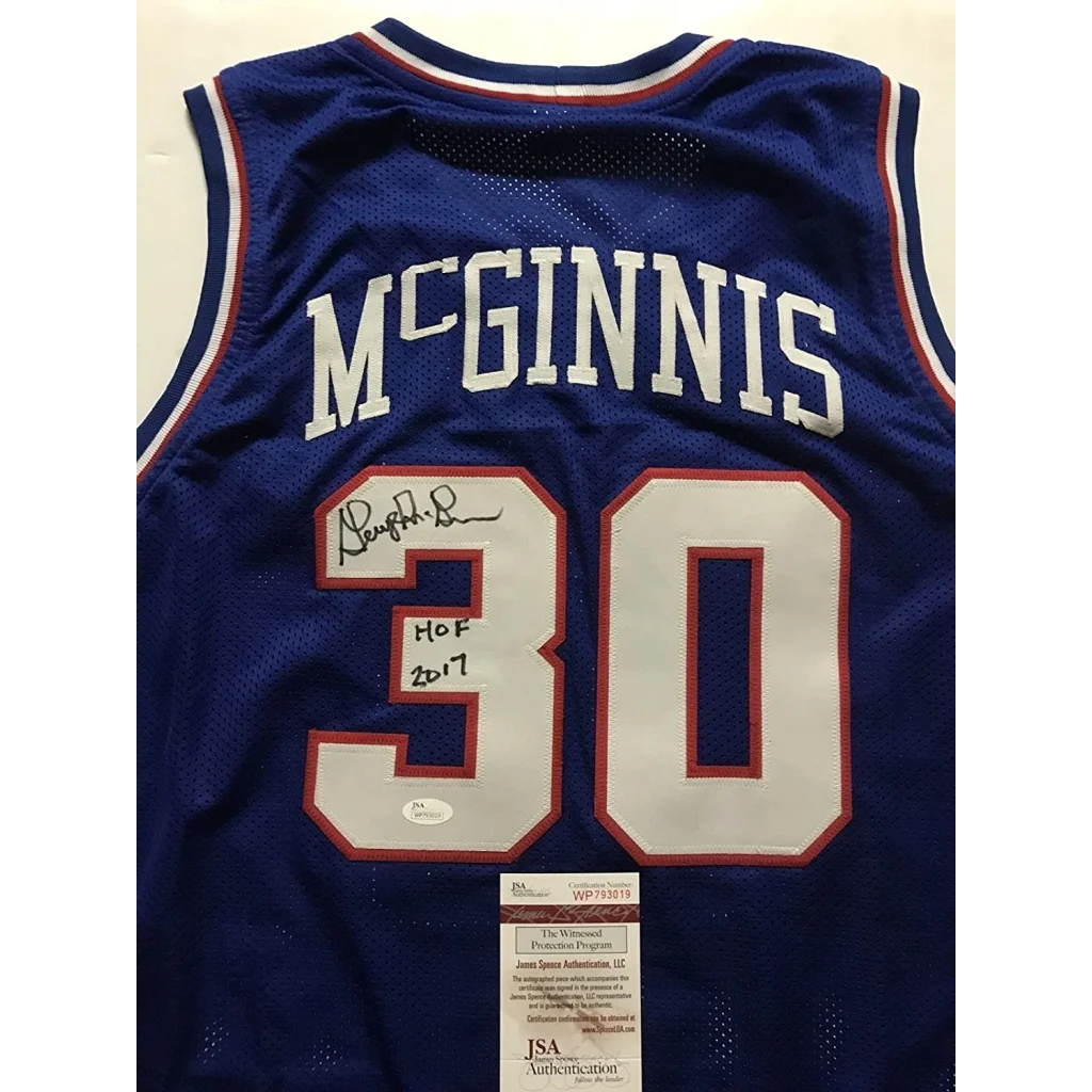 Autographed blue custom jersey from professional sports league with MCGINNIS 30, JSA certified
