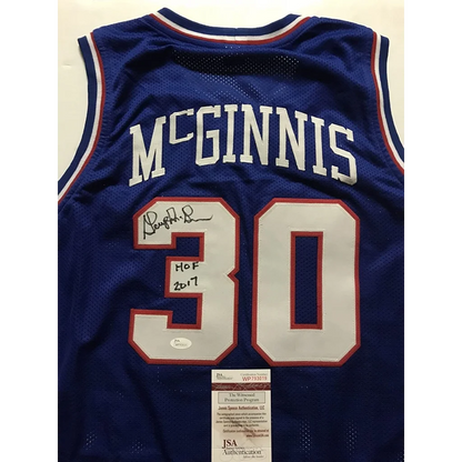 Autographed blue custom jersey from professional sports league with MCGINNIS 30, JSA certified