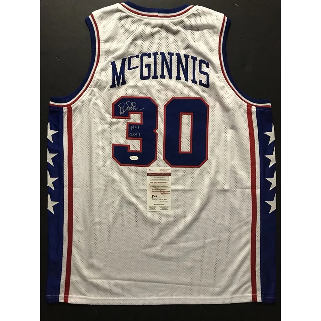 Autographed George McGinnis HOF custom jersey, white with blue red trim