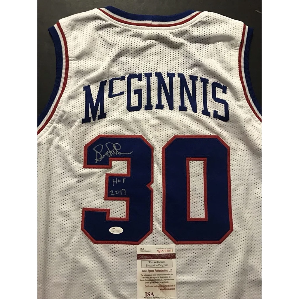 Autographed George McGinnis custom jersey, white with navy red trim, number 30