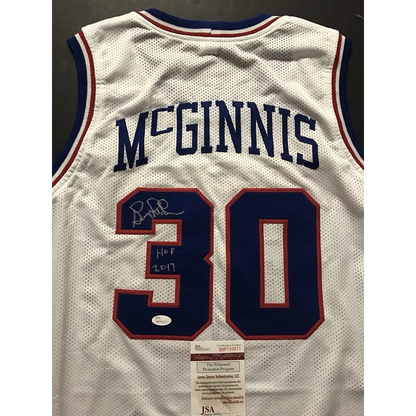 Autographed George McGinnis custom jersey, white with navy red trim, number 30