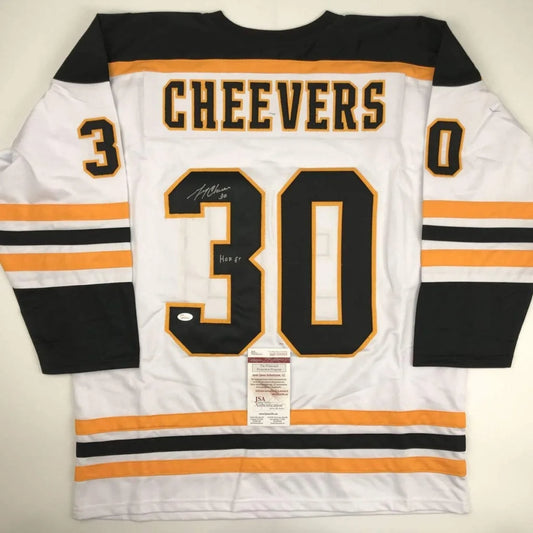 Autographed Gerry Cheevers Boston white custom jersey with black orange stripes
