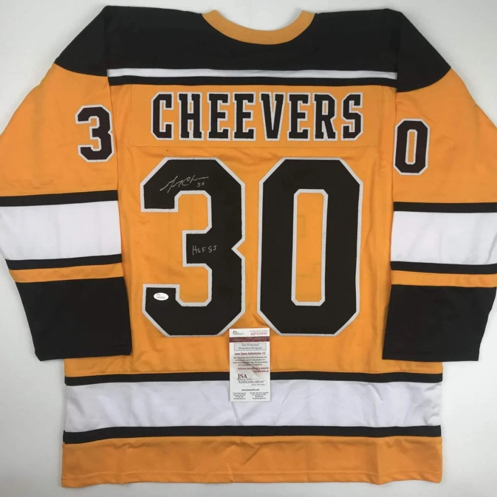 Autographed Gerry Cheevers Boston Bruins hockey jersey for professional sports fans