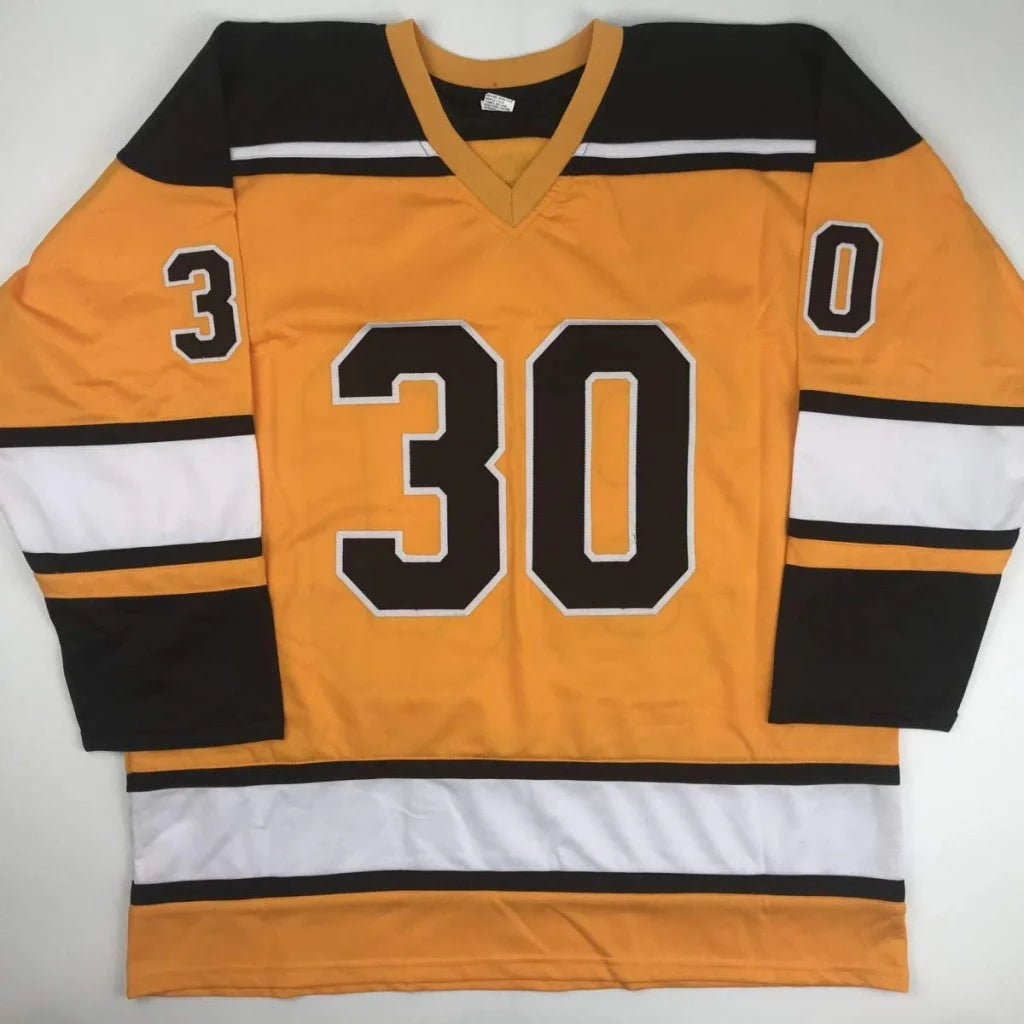 Yellow and black Gerry Cheevers custom jersey for professional sports league fans