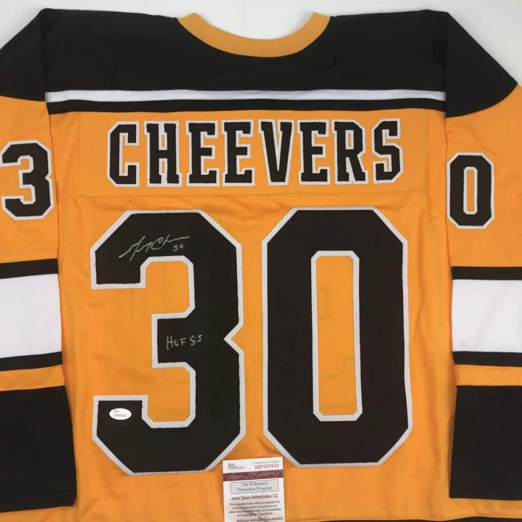 Autographed Gerry Cheevers HOF 85 Boston Yellow Hockey Jersey JSA COA | Certified Authentic Signed Memorabilia | vintageantiquesgifts.com