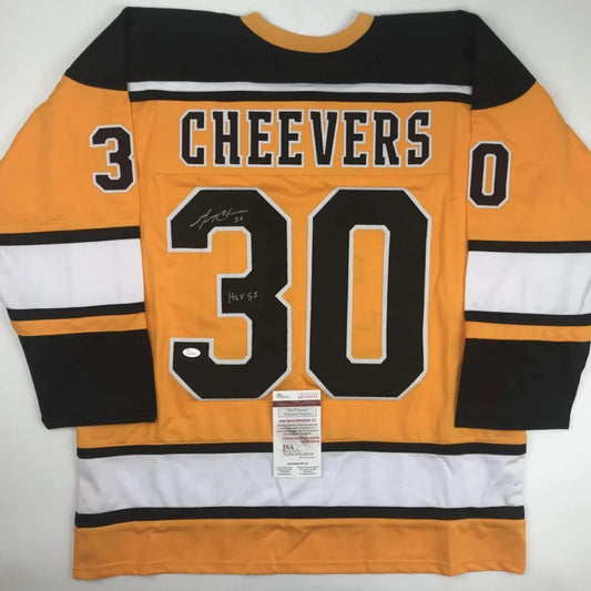 Autographed Gerry Cheevers HOF 85 Boston Yellow Hockey Jersey JSA COA | Hall of Fame Sports Memorabilia | vintageantiquesgifts.com