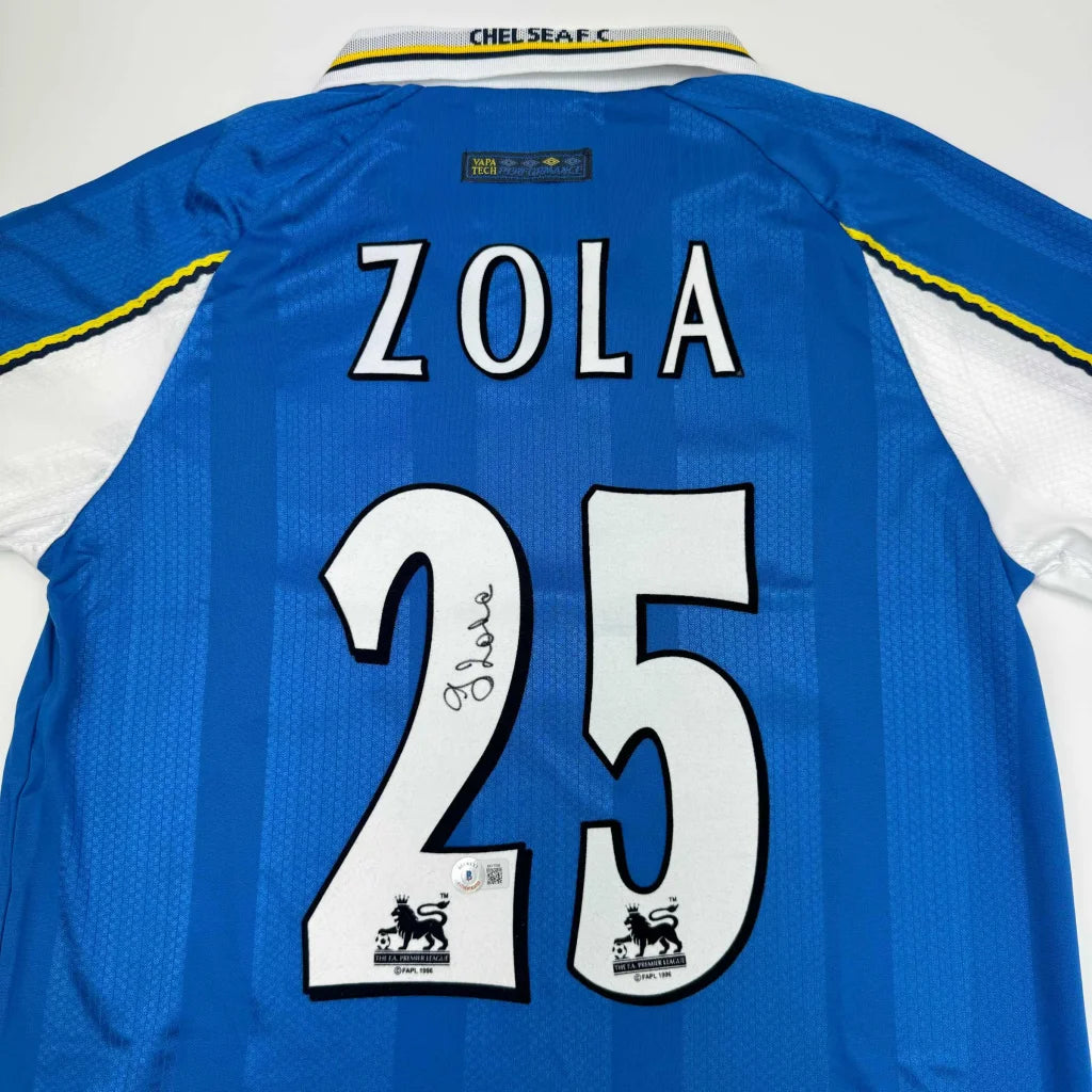 Autographed Gianfranco Zola Chelsea FC Blue Soccer Futbol Jersey Beckett BAS COA | Certified Authentic Signed Memorabilia | vintageantiquesgifts.com