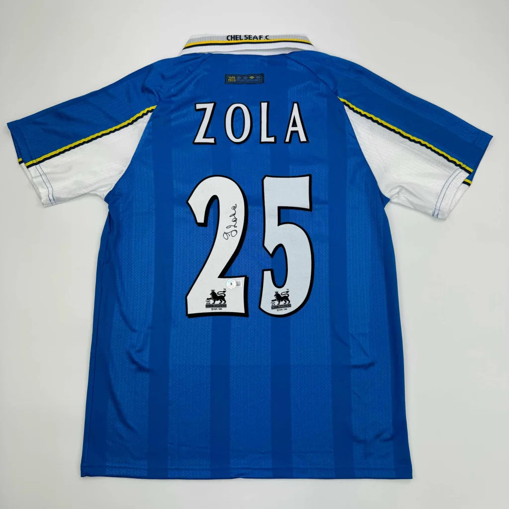 Autographed Gianfranco Zola Chelsea FC Blue Soccer Futbol Jersey Beckett BAS COA | Hall of Fame Sports Memorabilia | vintageantiquesgifts.com