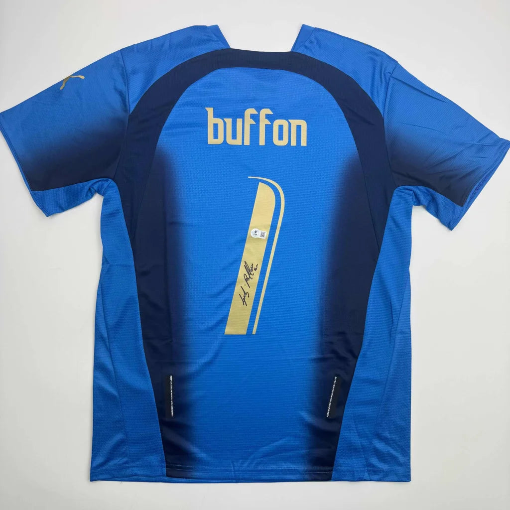 Autographed Gianluigi Buffon Italy blue gradient soccer jersey with gold nameplate and number 1