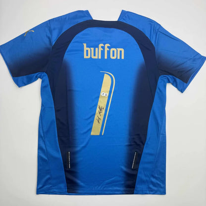 Autographed Gianluigi Buffon Italy blue gradient soccer jersey with gold nameplate and number 1