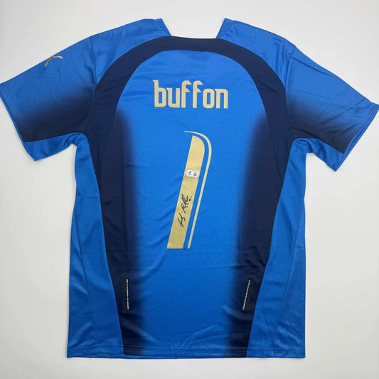 Autographed Gianluigi Buffon Italy blue gradient soccer jersey with gold nameplate and number 1