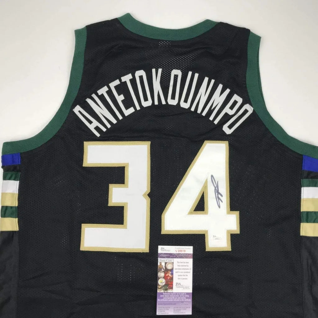 Autographed Giannis Antetokounmpo Milwaukee Black Custom Basketball Jersey JSA COA | Certified Authentic Signed Memorabilia | vintageantiquesgifts.com
