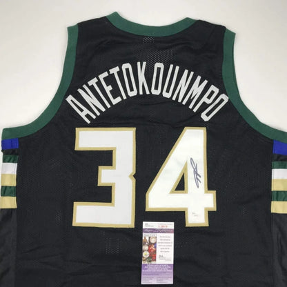 Autographed Giannis Antetokounmpo Milwaukee Black Custom Basketball Jersey JSA COA | Certified Authentic Signed Memorabilia | vintageantiquesgifts.com