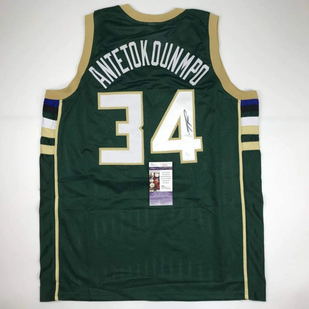 Autographed Giannis Antetokounmpo Milwaukee Green Custom Basketball Jersey JSA COA | Hall of Fame Sports Memorabilia | vintageantiquesgifts.com
