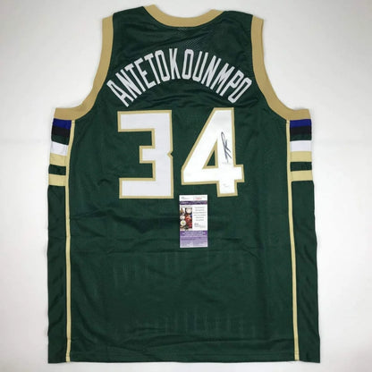 Autographed Giannis Antetokounmpo Milwaukee Green Custom Basketball Jersey JSA COA | Hall of Fame Sports Memorabilia | vintageantiquesgifts.com