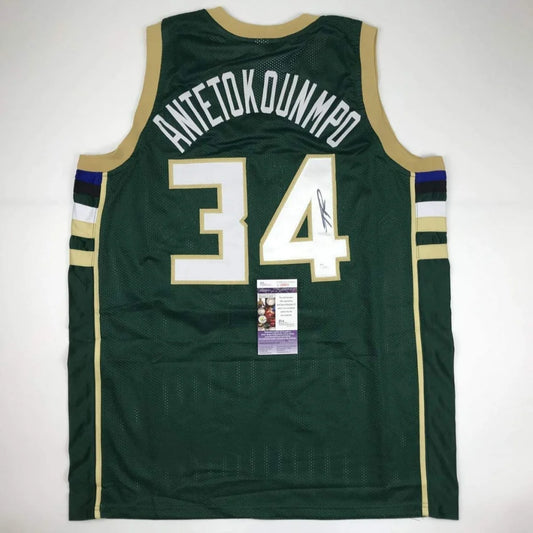 Autographed Giannis Antetokounmpo Milwaukee Green Custom Basketball Jersey JSA COA | Hall of Fame Sports Memorabilia | vintageantiquesgifts.com