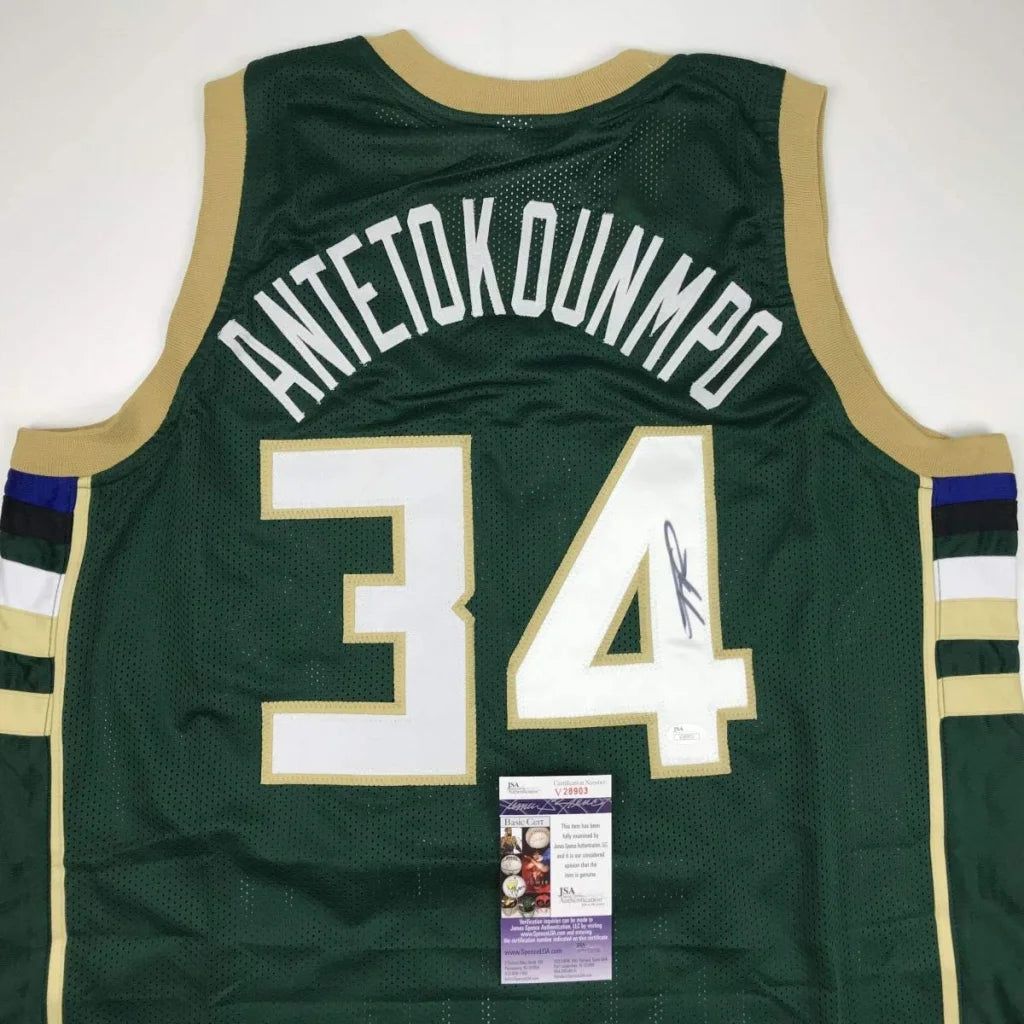 Autographed Giannis Antetokounmpo Milwaukee Green Custom Basketball Jersey JSA COA | Certified Authentic Signed Memorabilia | vintageantiquesgifts.com