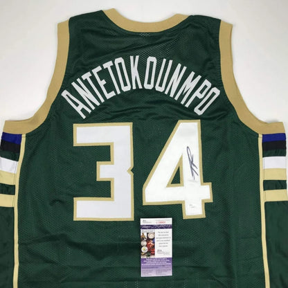Autographed Giannis Antetokounmpo Milwaukee Green Custom Basketball Jersey JSA COA | Certified Authentic Signed Memorabilia | vintageantiquesgifts.com