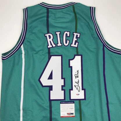 Green custom basketball jersey with RICE 41 autograph from professional sports league