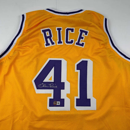 Autographed Glen Rice Los Angeles LA Yellow Basketball Jersey Beckett BAS COA | Certified Authentic Signed Memorabilia | vintageantiquesgifts.com