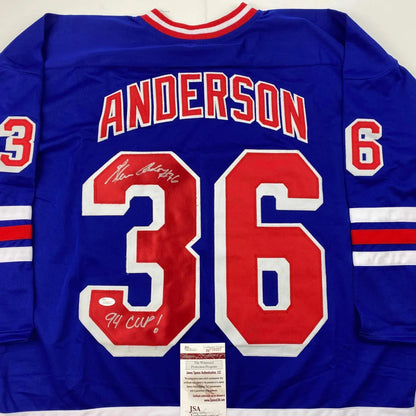 Autographed Glenn Anderson 94 SC Champs New York Blue Hockey Jersey JSA COA | Certified Authentic Signed Memorabilia | vintageantiquesgifts.com