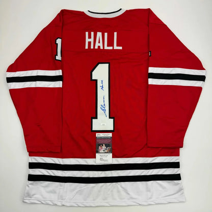 Red Glenn Hall custom jersey with autograph, perfect for professional sports fans