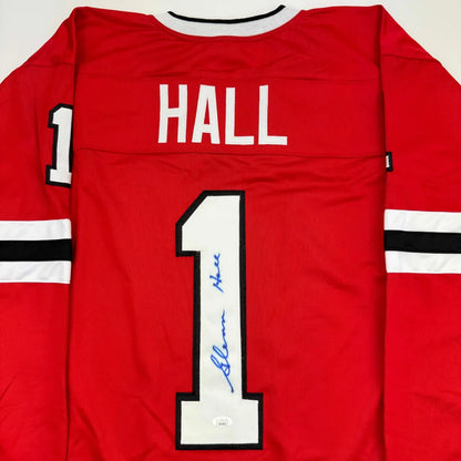 Red Glenn Hall custom jersey with autograph, perfect for professional sports fans
