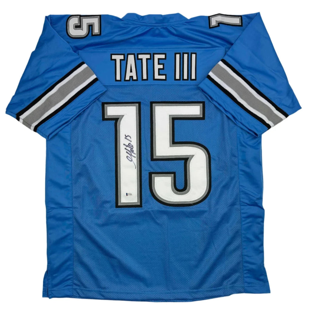 Back view of autographed blue Detroit Lions custom jersey with white silver trim featuring Tate III number 15 from professional sports league