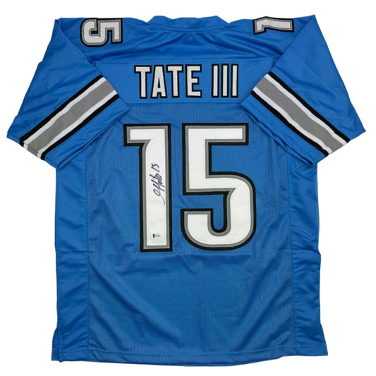 Back view of autographed blue Detroit Lions custom jersey with white silver trim featuring Tate III number 15 from professional sports league