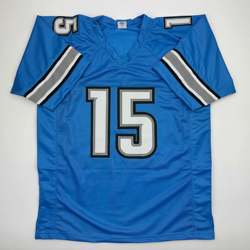 Autographed golden tate Detroit lions custom jersey blue with white number 15 and silver sleeve stripes for professional sports league fans