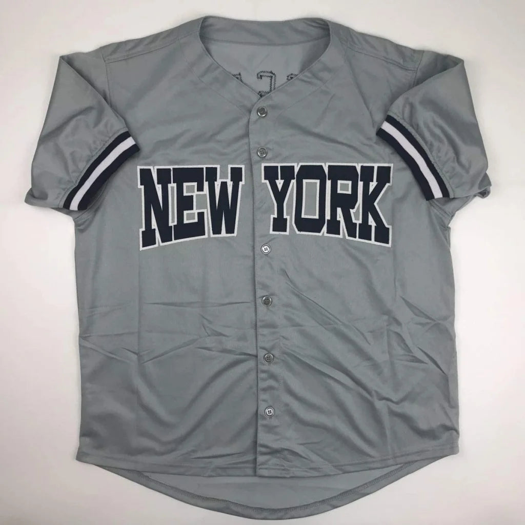 Gray custom jersey with NEW YORK across chest, striped sleeves, for professional sports fans