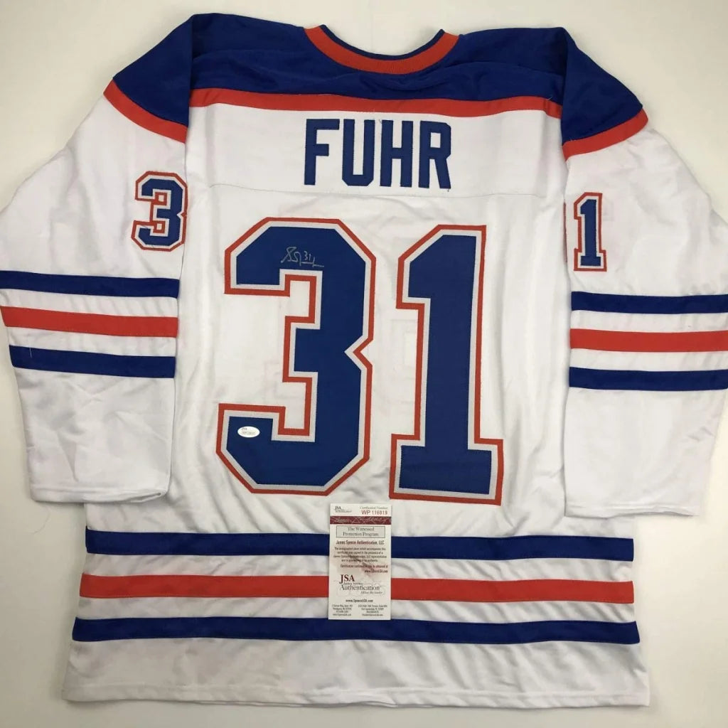 Autographed Grant Fuhr Edmonton white custom jersey back, number 31, JSA COA