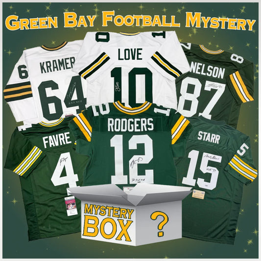 Green Bay football jerseys in a mystery box, some autographed, for Green Bay fans