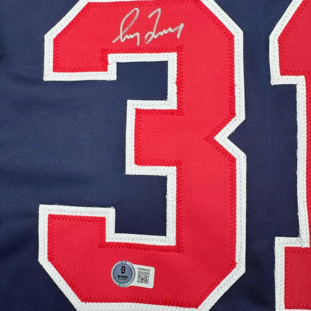 Autographed Larry Bird navy blue custom jersey with red number 31, JSA COA
