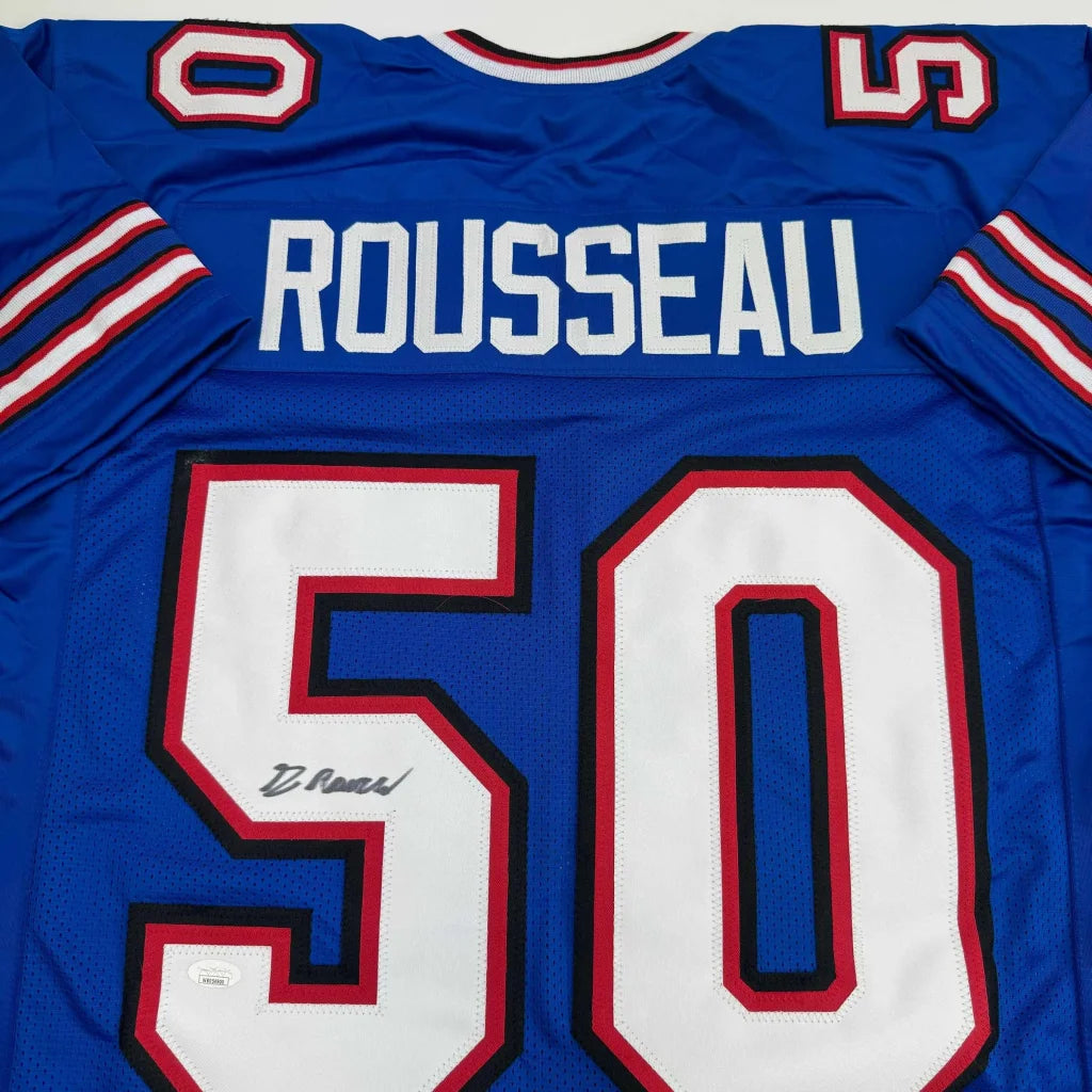 Blue custom jersey from professional sports league with white red black numbers and lettering